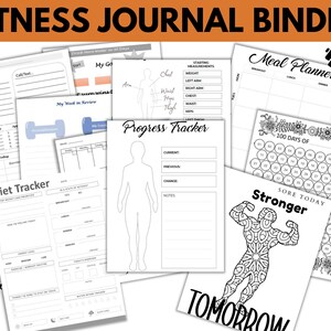 Puede incluir: Un conjunto de p&aacute;ginas de diario de fitness con varios dise&ntilde;os para el seguimiento de entrenamientos, dieta y progreso. Incluye p&aacute;ginas para la planificaci&oacute;n de comidas, medidas corporales y un desaf&iacute;o de 100 d&iacute;as. El t&iacute;tulo es "FITNESS JOURNAL BINDER".