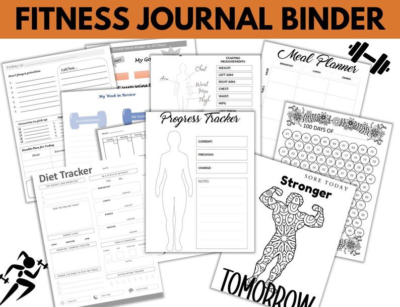 Puede incluir: Un conjunto de p&aacute;ginas de diario de fitness con varios dise&ntilde;os para el seguimiento de entrenamientos, dieta y progreso. Incluye p&aacute;ginas para la planificaci&oacute;n de comidas, medidas corporales y un desaf&iacute;o de 100 d&iacute;as. El t&iacute;tulo es "FITNESS JOURNAL BINDER".