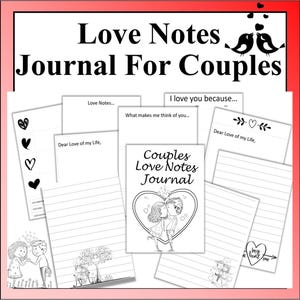 Op de afbeelding: Een zwart-wit printbaar dagboek voor koppels met de titel "Couples Love Notes Journal". Het dagboek bevat prompts zoals "Love Notes...", "Ik hou van je omdat...", "Wat doet me aan je denken..." en "Lieve van mijn leven".