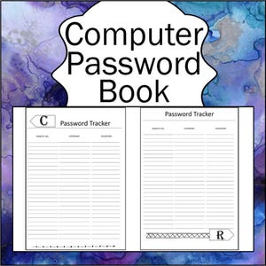 Könnte beinhalten: Ein druckbares Passwort-Tracker-Buch mit einem Aquarellhintergrund. Der Umschlag trägt den Text "Computer Password Book" in einem weißen Kasten mit schwarzem Rahmen. Die Seiten sind mit "Password Tracker" beschriftet und haben Spalten für Website-URL, Benutzername und Passwort.