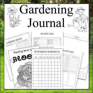 May include: Black and white printable gardening journal pages with sections for garden ideas, planting wish list, plant log, watering schedule, and plant list. The pages feature a whimsical illustration of a gardener watering plants.