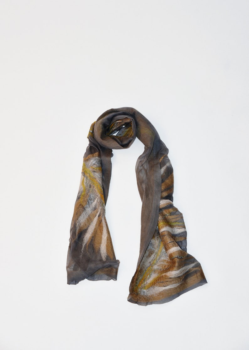 Floral gray silk scarf, felted silk scarf, minimalist felted silk and wool scarf image 7