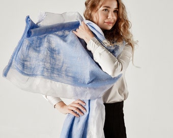 merino wool scarf, warm scarf, blue silk scarf, felted scarf, blue felted shawl, felt scarf