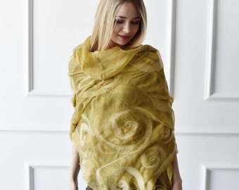 Yellow felted scarf, mustard silk scarf, felted silk shawl, nuno felted scarf,