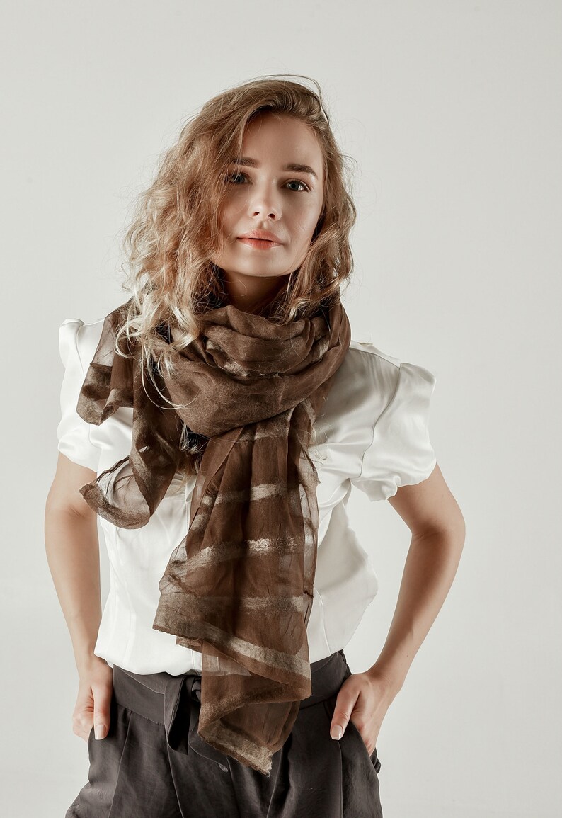 brown felt scarf, felted scarf, light brown felted scarf, scarf with flowers, stylish scarf, handmade scarf, elegant scarf image 5
