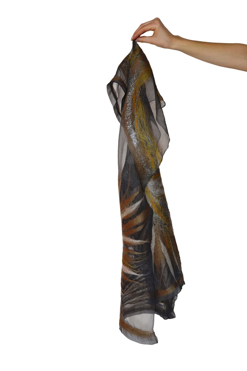 Floral gray silk scarf, felted silk scarf, minimalist felted silk and wool scarf image 5