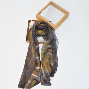 Floral gray silk scarf, felted silk scarf, minimalist felted silk and wool scarf image 6