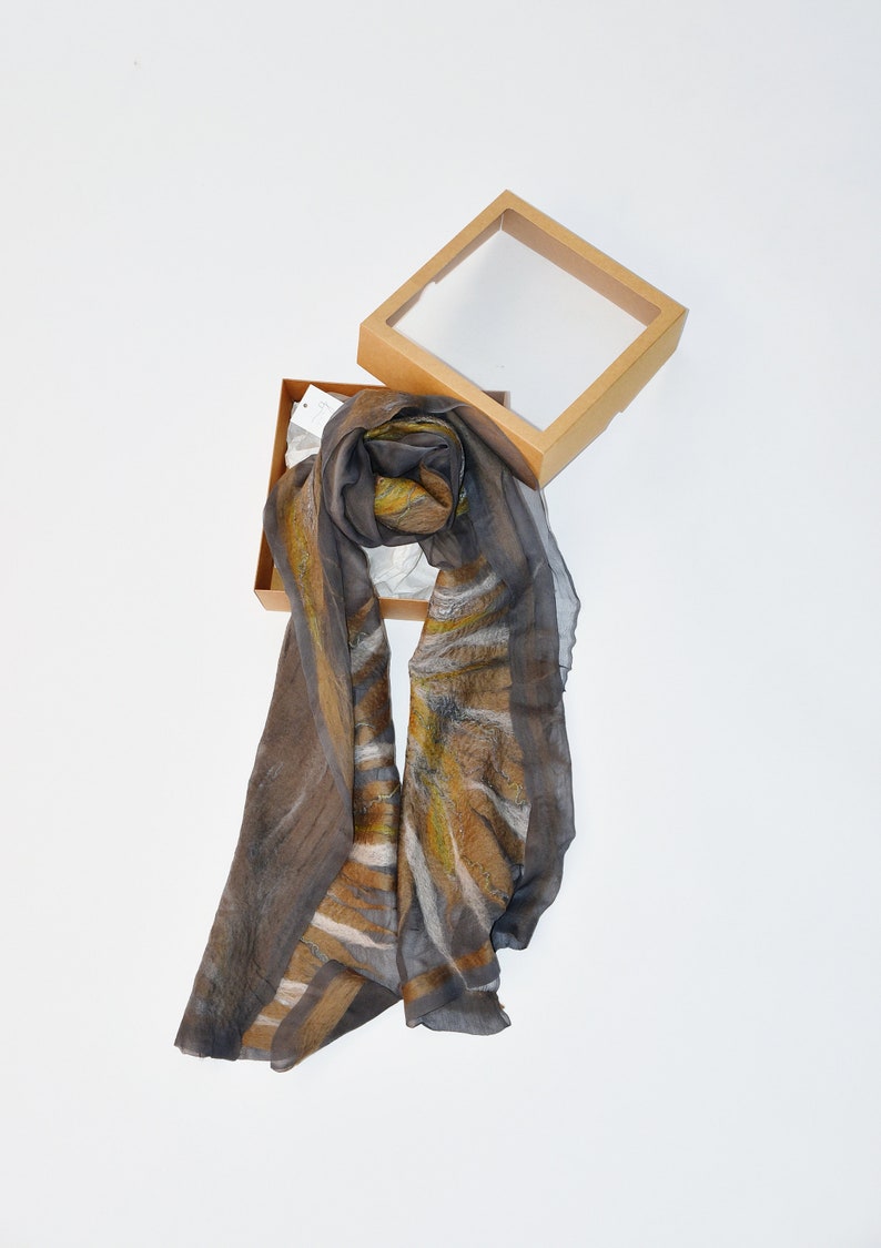 Floral gray silk scarf, felted silk scarf, minimalist felted silk and wool scarf image 6