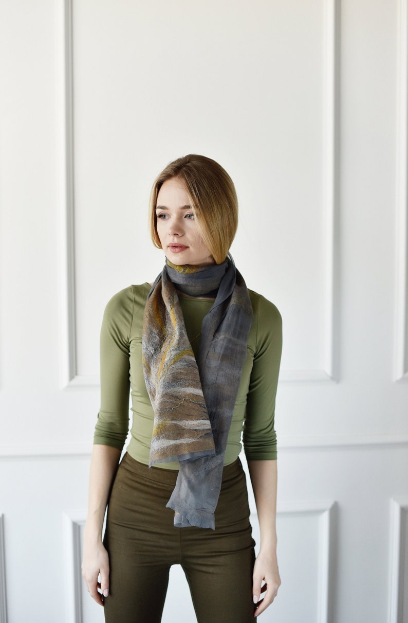 Floral gray silk scarf, felted silk scarf, minimalist felted silk and wool scarf image 1