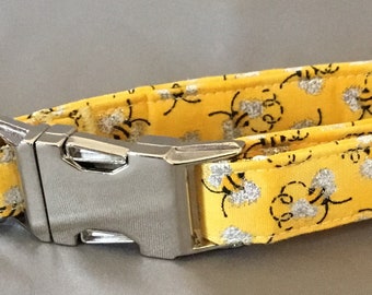 Bayou Angel Glitter Bee Dog Collar, handmade cotton soft fabric, boy dog collar, girl dog collar, spring or summer fun dog collar