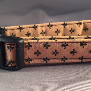 Bayou Angel Fleur de Lis Black on Gold Dog Collar, Saints football colors, handmade, cotton, soft fabric dog collar, girl or boy dog collar image 1