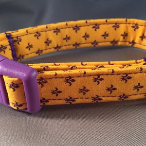 Bayou Angel Fleur de Lis Purple on Yellow Dog Collar, Mardi Gras, Louisiana, handmade, soft, cotton fabric, LSU team colors, adjustable