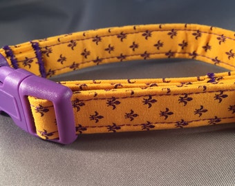 Bayou Angel Fleur de Lis Purple on Yellow Dog Collar, Mardi Gras, Louisiana, handmade, soft, cotton fabric, LSU team colors, adjustable