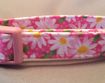 Bayou Angel Daisy Dog Collar, Pink with Green Leaves, Handmade, Cotton soft fabric, floral dog collar, adjustable spring or summer collar