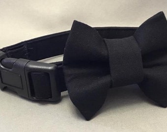 Bayou Angel Basic Black Dog Collar with Optional, Detachable Bow/Bow Tie, Basic Black Leash with brass or nickel snap hook, Kona cotton
