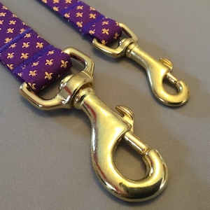 Bayou Angel Handmade Cotton Fleur de Lis Yellow on Purple Dog Leash, LSU colors dog leash, brass snap hook, nickel snap hook, Mardi Gras image 1