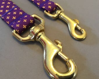 Bayou Angel Handmade Cotton Fleur de Lis Yellow on Purple Dog Leash, LSU colors dog leash, brass snap hook, nickel snap hook, Mardi Gras