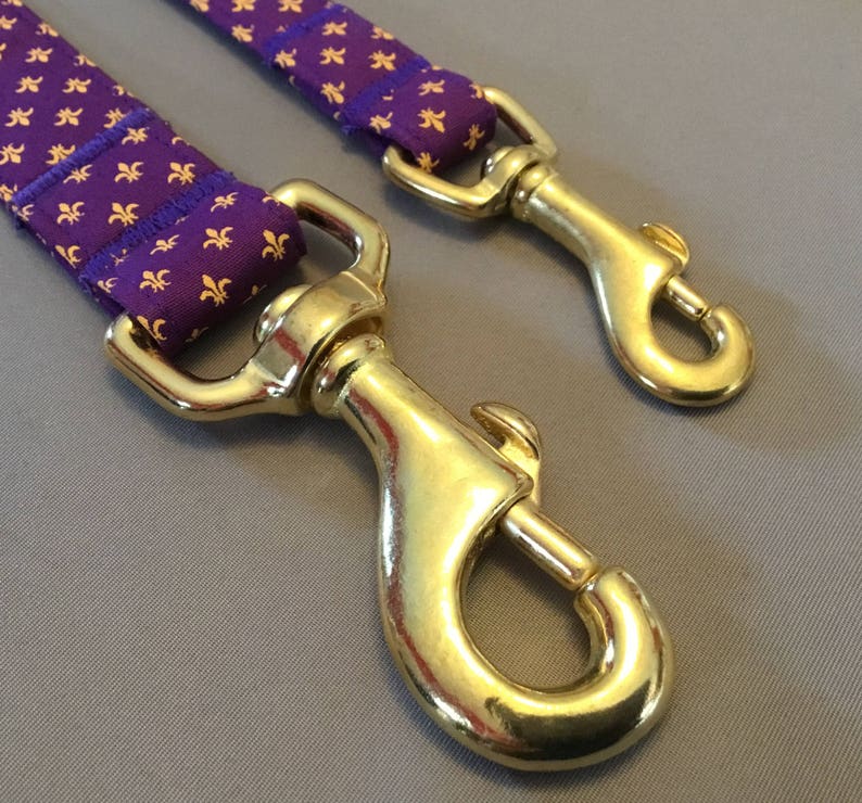 Bayou Angel Handmade Cotton Fleur de Lis Yellow on Purple Dog Leash, LSU colors dog leash, brass snap hook, nickel snap hook, Mardi Gras image 1