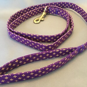 Bayou Angel Handmade Cotton Fleur de Lis Yellow on Purple Dog Leash, LSU colors dog leash, brass snap hook, nickel snap hook, Mardi Gras image 3