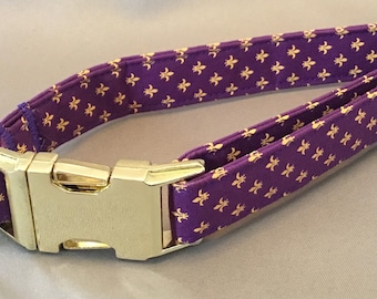 Bayou Angel Fleur de Lis Yellow on Purple Dog Collar, handmade cotton soft fabric, brass plate hardware, LSU, Mardi Gras