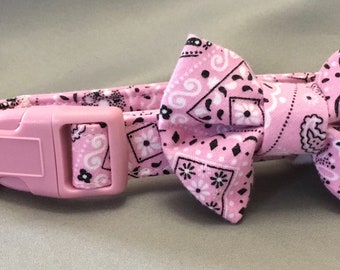 Bayou Angel Light Pink Paisley Bandana Dog Collar with Optional Detachable Bow/Bow Tie; soft, cotton fabric; handmade and washable