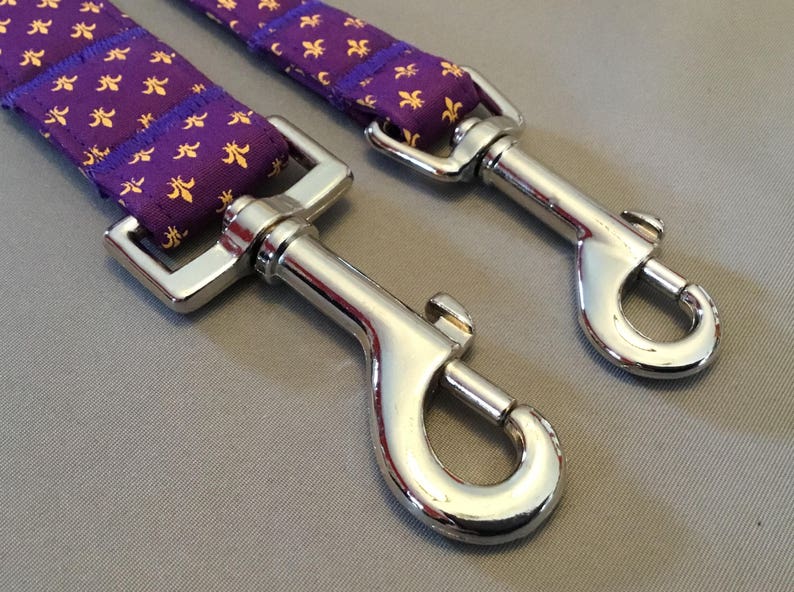 Bayou Angel Handmade Cotton Fleur de Lis Yellow on Purple Dog Leash, LSU colors dog leash, brass snap hook, nickel snap hook, Mardi Gras image 2