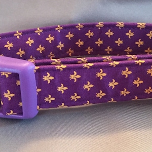 Bayou Angel Fleur de Lis Yellow on Purple Dog Collar, LSU football colors, handmade, cotton, soft fabric dog collar, Mardi Gras