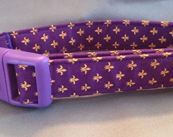 Bayou Angel Fleur de Lis Yellow on Purple Dog Collar, LSU football colors, handmade, cotton, soft fabric dog collar, Mardi Gras