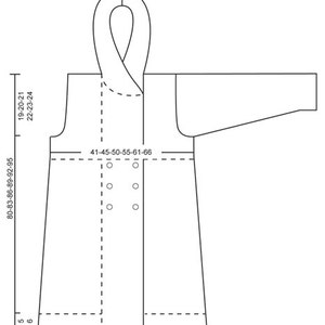 May include: A black and white line drawing of a garment pattern with measurements in inches. The pattern includes a hood, a long sleeve, and a body.