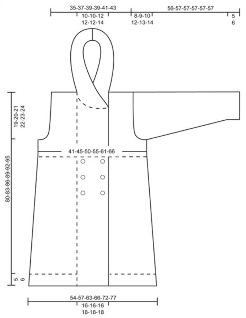 May include: A black and white line drawing of a garment pattern with measurements in inches. The pattern includes a hood, a long sleeve, and a body.