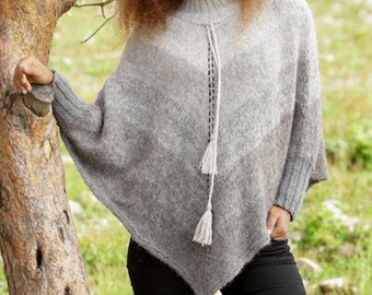 gestrickter Poncho Strickponcho Winterponcho  Damen Alpaka Seide