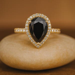 3.08 Carat Pear Shape Natural Black Diamond Engagement Ring, Halo Style With Accent, Solid Yellow Gold 14K, Perfect Anniversary Ring