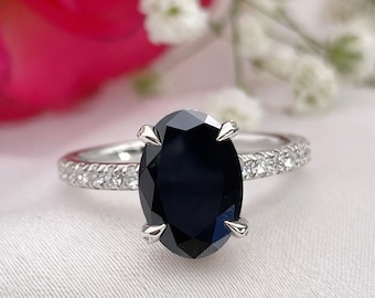 Anel de Ouro Branco 14k com Diamante Negro para Mulheres | Anel de Noivado Deslumbrante com Diamante Negro
