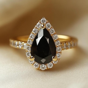 Alternative Engagement Ring | 3.08 Carat Pear Shape Black Diamond Engagement Ring, Halo Style Yellow Gold 14K, Perfect Anniversary Ring