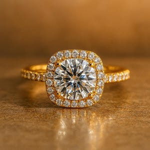 4ct Round Lab Diamond Ring IGI Certified E VVS2 Ideal Cut – Cushion Halo Pave Engagement Ring in Solid Yellow Gold