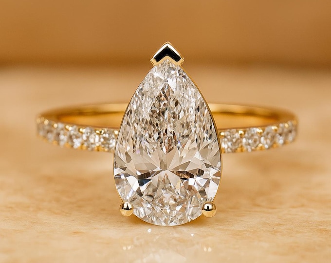 Featured listing image: 4 Carat Pear Shape Lab Grown Diamond Ring | E VVS2 | 14K Yellow Gold Engagement Ring | Side Stone Bridal Ring | Custom Jewelry