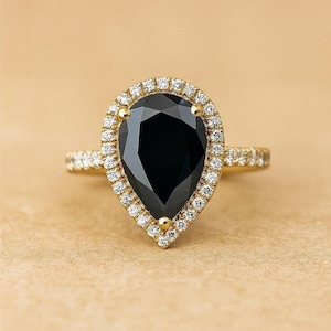 Alternative Engagement Ring | 3.08 Carat Pear Shape Black Diamond Engagement Ring, Halo Style Yellow Gold 14K, Perfect Anniversary Ring
