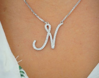 Initial Letter 14k White Gold, 1 Carat Diamond Name Necklace Initial Letter