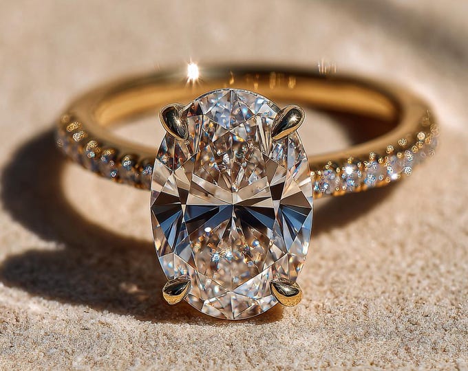 Featured listing image: 3.50 carat Oval Lab Diamond Engagement Ring, 14k Yellow Gold with Side Round Diamonds