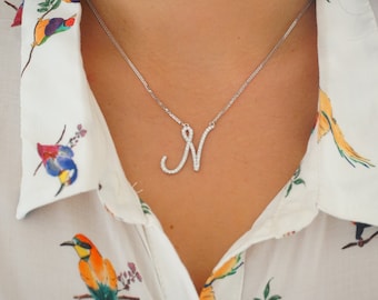 Diamond Initial Necklace – Personalized Letter Pendant in 14K Gold – Custom Name Jewelry Gift for Her – Dainty Gold Necklace with Diamonds