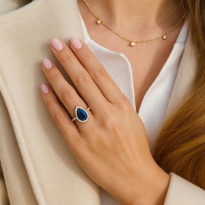 3.5 Carat Black Diamond Engagement Ring – Pear Shaped Natural Diamond with Halo in 14K white Gold, Alternative Bridal Ring