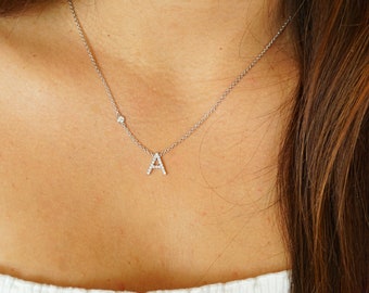 Custom White Gold Diamond Initial Letter Necklace – Personalized Pendant with Optional Multiple Letters