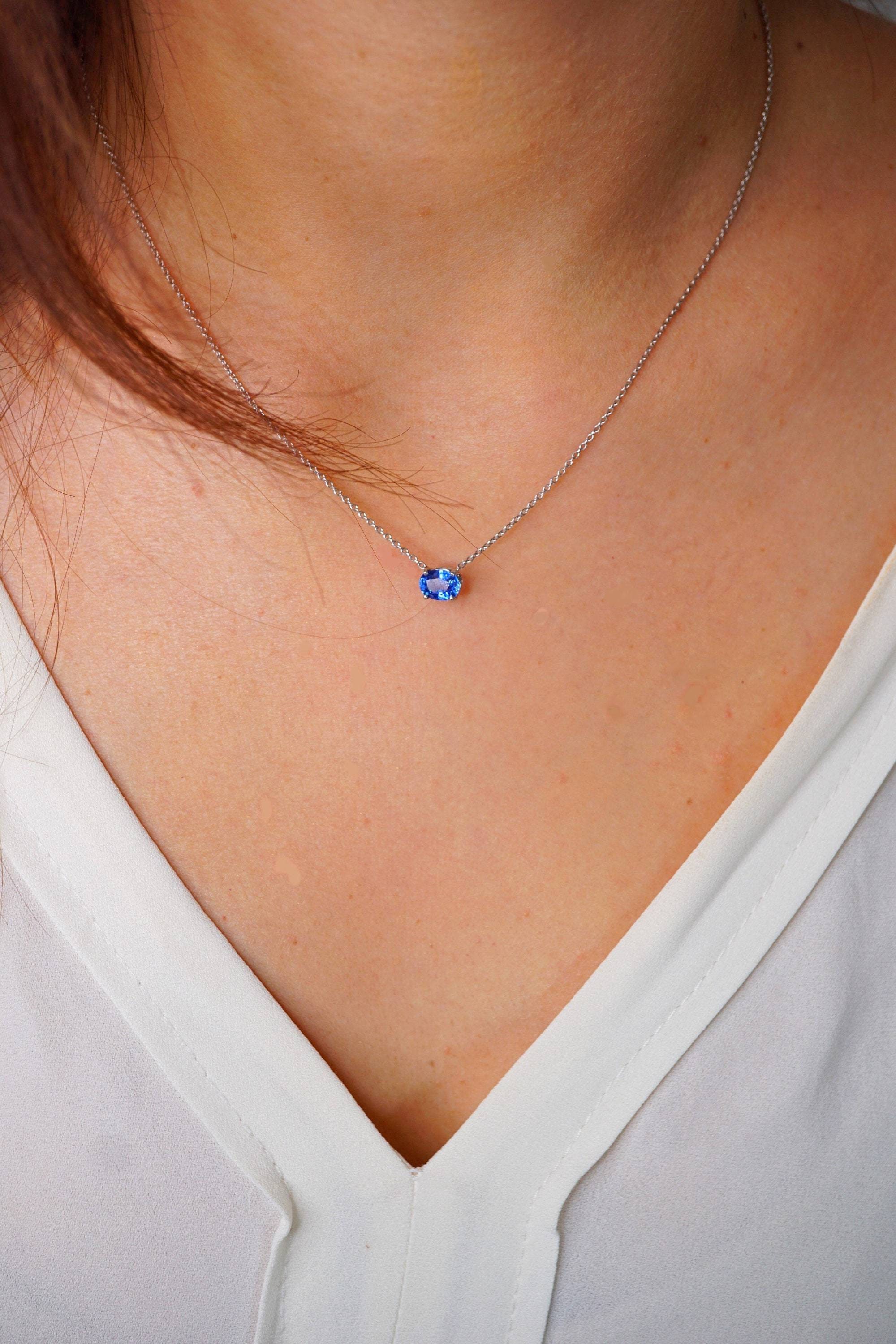 Oval Blue Sapphire Diamond Pendant 14K White Gold