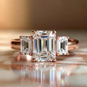 Emerald Cut Lab Diamond Three Stone Engagement Ring, 3 Carat, 14K Gold, IGI Certified E VS1