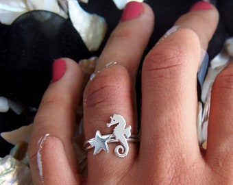 Anello cavalluccio marino in argento sterling, anello impilabile oceano
