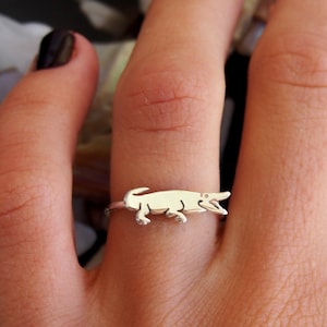 Peut inclure: Une bague en argent avec un design d'alligator détaillé. La bague est portée sur le majeur d'une main avec un vernis à ongles foncé.