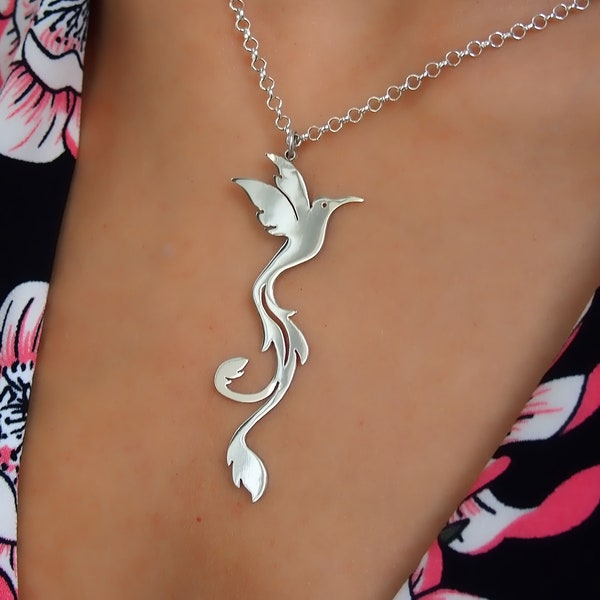 Hummingbird.Bird from paradise.Sterling silver bird.Phoenix gift.Hummingbird jewelry.Bird necklace.Peacock.Gift for women.Swallow.Reborn