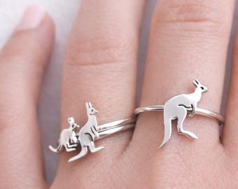 Kangaroo Family Stacking Ring Set, Mother Baby Ring, Pregnancy Gift, New Mom Gift, Family Ring, Sterling Silver, Meaningful Jewelry