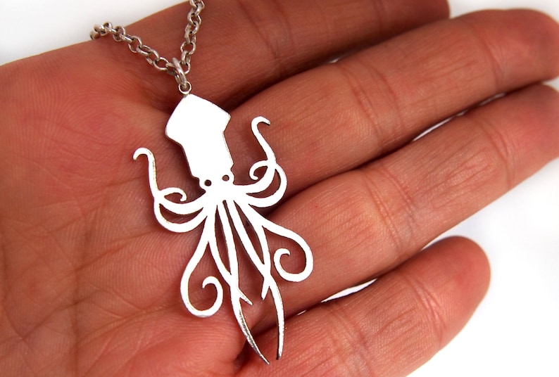 May include: Silver necklace with a detailed cutout of an octopus pendant.