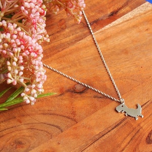 May include: A silver necklace with a pixelated dinosaur pendant. The necklace is on a wooden surface with a pink flower.